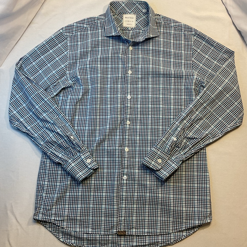 Billy Reid Men's Black/White/Teal Pattern Long Sleeve‎ Button-Up, L Standard Cut